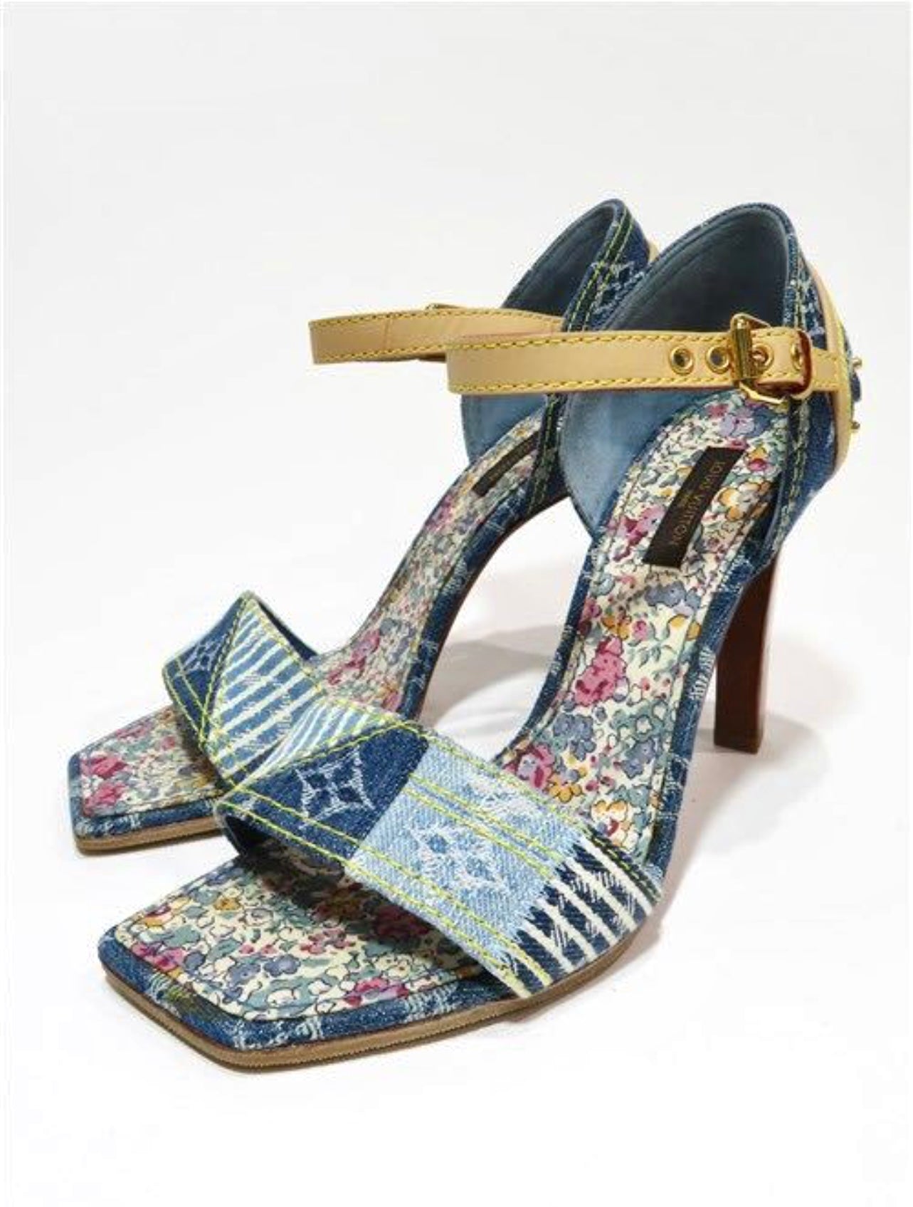 LOUIS VUITTON DENIM PATCHWORK FLORAL SANDAL HEEL size 37 – the