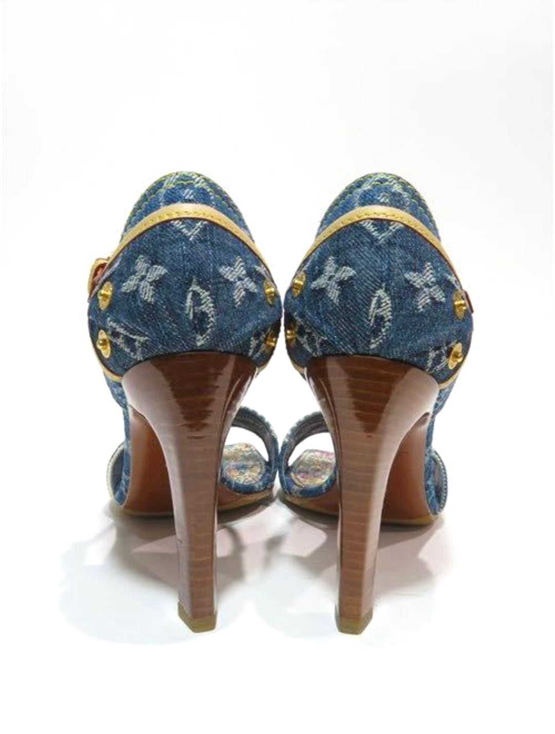 Louis Vuitton Blue Denim Monogram Denim Leather Bow Kitten Heels